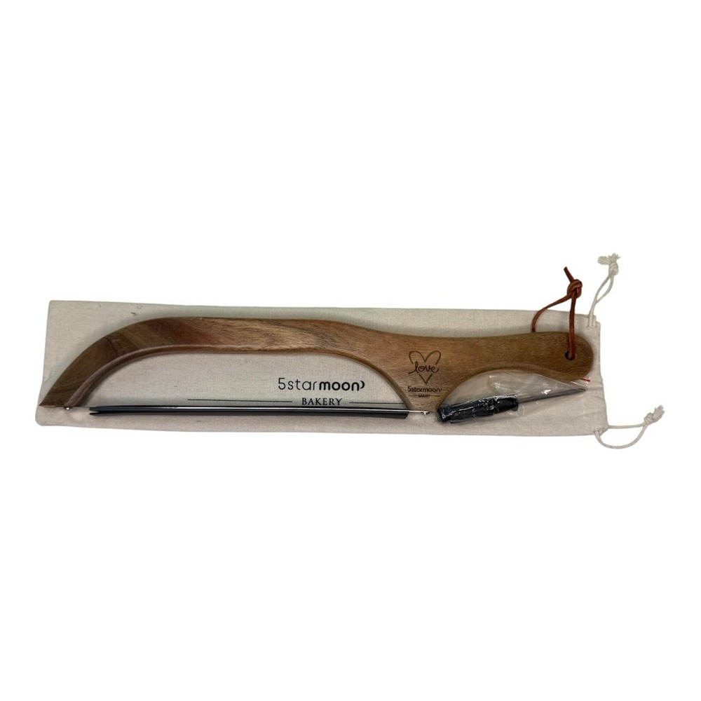 5 STAR MOON Fiddle Bow Bread Knife NEW Acacia Wood Serrated Blade Leather Strap